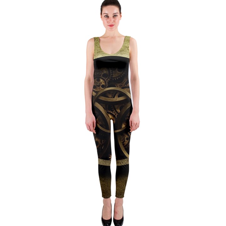 Abstract Steampunk Textures Golden One Piece Catsuit