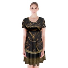 Abstract Steampunk Textures Golden Short Sleeve V-neck Flare Dress