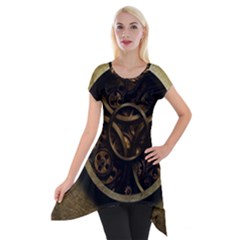 Abstract Steampunk Textures Golden Short Sleeve Side Drop Tunic