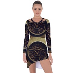 Abstract Steampunk Textures Golden Asymmetric Cut-Out Shift Dress