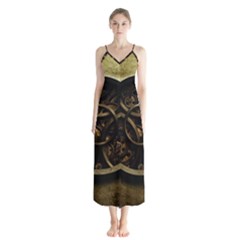 Abstract Steampunk Textures Golden Button Up Chiffon Maxi Dress