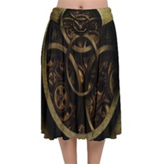 Abstract Steampunk Textures Golden Velvet Flared Midi Skirt