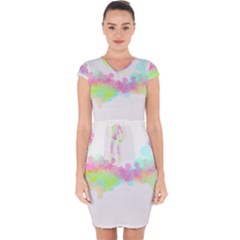 Abstract Color Pattern Colorful Capsleeve Drawstring Dress 