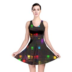 Abstract 3d Cg Digital Art Colors Cubes Square Shapes Pattern Dark Reversible Skater Dress by Sapixe