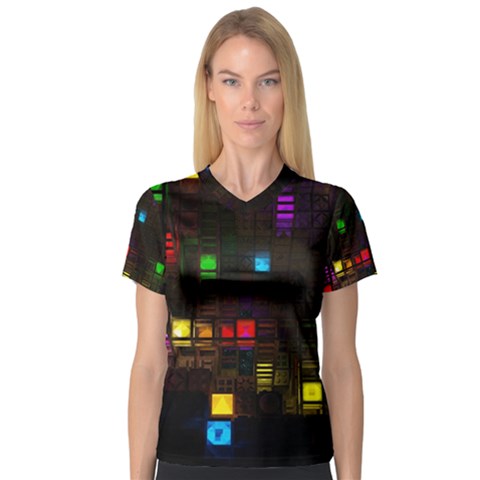 Abstract 3d Cg Digital Art Colors Cubes Square Shapes Pattern Dark V-neck Sport Mesh Tee by Sapixe