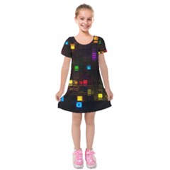 Abstract 3d Cg Digital Art Colors Cubes Square Shapes Pattern Dark Kids  Short Sleeve Velvet Dress by Sapixe