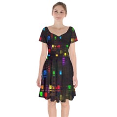 Abstract 3d Cg Digital Art Colors Cubes Square Shapes Pattern Dark Short Sleeve Bardot Dress by Sapixe