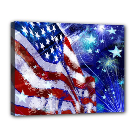 American Flag Red White Blue Fireworks Stars Independence Day Canvas 14  X 11  by Sapixe