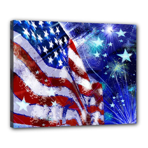 American Flag Red White Blue Fireworks Stars Independence Day Canvas 20  X 16  by Sapixe