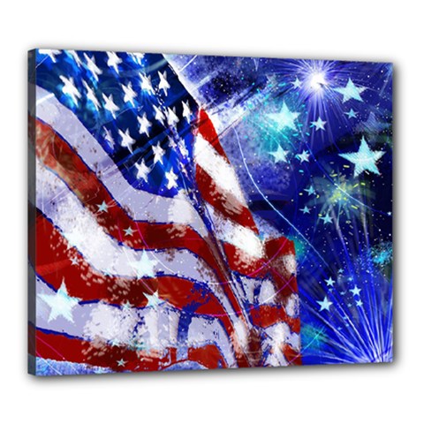 American Flag Red White Blue Fireworks Stars Independence Day Canvas 24  X 20  by Sapixe