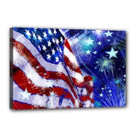 American Flag Red White Blue Fireworks Stars Independence Day Canvas 18  X 12  by Sapixe