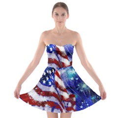 American Flag Red White Blue Fireworks Stars Independence Day Strapless Bra Top Dress by Sapixe