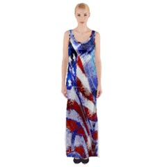 American Flag Red White Blue Fireworks Stars Independence Day Maxi Thigh Split Dress by Sapixe