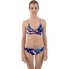 American Flag Red White Blue Fireworks Stars Independence Day Wrap Around Bikini Set by Sapixe