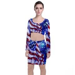 American Flag Red White Blue Fireworks Stars Independence Day Long Sleeve Crop Top & Bodycon Skirt Set