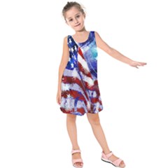 American Flag Red White Blue Fireworks Stars Independence Day Kids  Sleeveless Dress by Sapixe