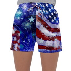 American Flag Red White Blue Fireworks Stars Independence Day Sleepwear Shorts