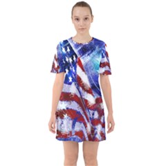 American Flag Red White Blue Fireworks Stars Independence Day Sixties Short Sleeve Mini Dress by Sapixe