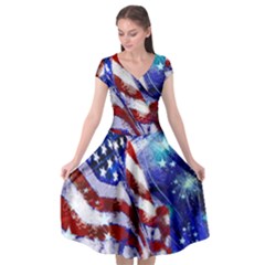 American Flag Red White Blue Fireworks Stars Independence Day Cap Sleeve Wrap Front Dress by Sapixe