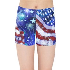 American Flag Red White Blue Fireworks Stars Independence Day Kids Sports Shorts by Sapixe