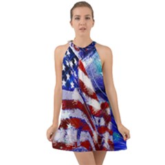 American Flag Red White Blue Fireworks Stars Independence Day Halter Tie Back Chiffon Dress by Sapixe