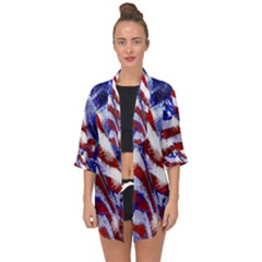 American Flag Red White Blue Fireworks Stars Independence Day Open Front Chiffon Kimono by Sapixe