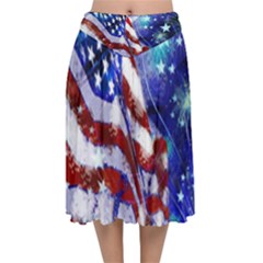 American Flag Red White Blue Fireworks Stars Independence Day Velvet Flared Midi Skirt