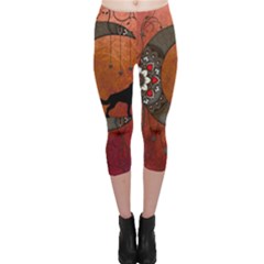 Black Wolf On Decorative Steampunk Moon Capri Leggings  by FantasyWorld7