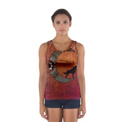 Black Wolf On Decorative Steampunk Moon Sport Tank Top  by FantasyWorld7