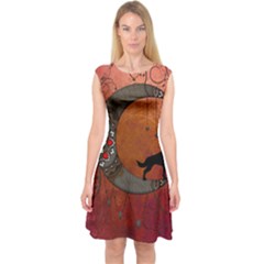 Black Wolf On Decorative Steampunk Moon Capsleeve Midi Dress by FantasyWorld7