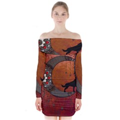 Black Wolf On Decorative Steampunk Moon Long Sleeve Off Shoulder Dress