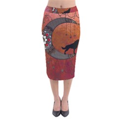 Black Wolf On Decorative Steampunk Moon Velvet Midi Pencil Skirt by FantasyWorld7