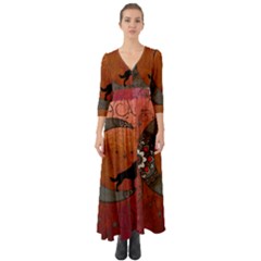 Black Wolf On Decorative Steampunk Moon Button Up Boho Maxi Dress