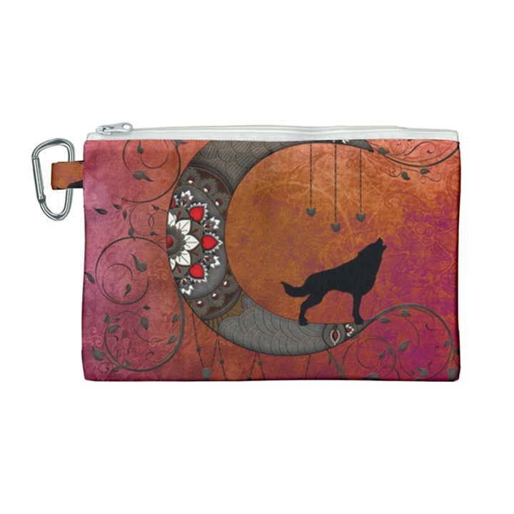 Black Wolf On Decorative Steampunk Moon Canvas Cosmetic Bag (Large)