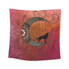 Black Wolf On Decorative Steampunk Moon Square Tapestry (small) by FantasyWorld7