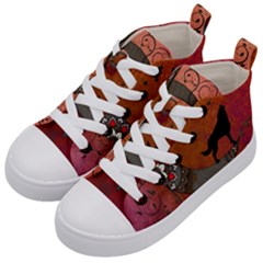 Black Wolf On Decorative Steampunk Moon Kid s Mid-top Canvas Sneakers