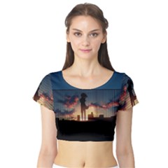 Art Sunset Anime Afternoon Short Sleeve Crop Top by Sapixe