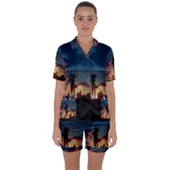 Art Sunset Anime Afternoon Satin Short Sleeve Pyjamas Set by Sapixe