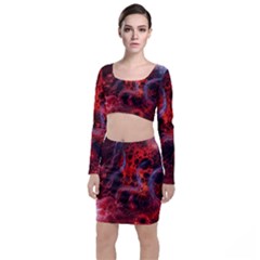 Art Space Abstract Red Line Long Sleeve Crop Top & Bodycon Skirt Set by Sapixe