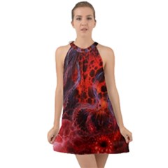 Art Space Abstract Red Line Halter Tie Back Chiffon Dress