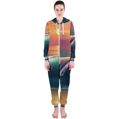 Art Sunset Beach Sea Waves Hooded Jumpsuit (ladies)  by Sapixe