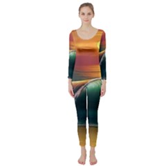 Art Sunset Beach Sea Waves Long Sleeve Catsuit by Sapixe