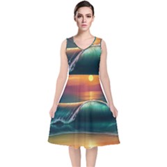 Art Sunset Beach Sea Waves V-neck Midi Sleeveless Dress 