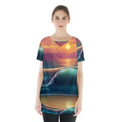 Art Sunset Beach Sea Waves Skirt Hem Sports Top