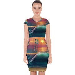 Art Sunset Beach Sea Waves Capsleeve Drawstring Dress 