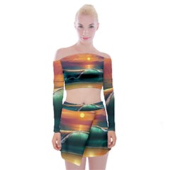 Art Sunset Beach Sea Waves Off Shoulder Top With Mini Skirt Set