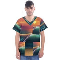 Art Sunset Beach Sea Waves Men s V-neck Scrub Top