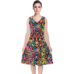 Art Traditional Pattern V-neck Midi Sleeveless Dress 