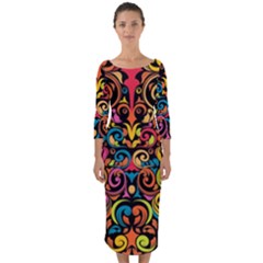 Art Traditional Pattern Quarter Sleeve Midi Bodycon Dress