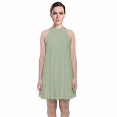 Background Pattern Green Velvet Halter Neckline Dress 